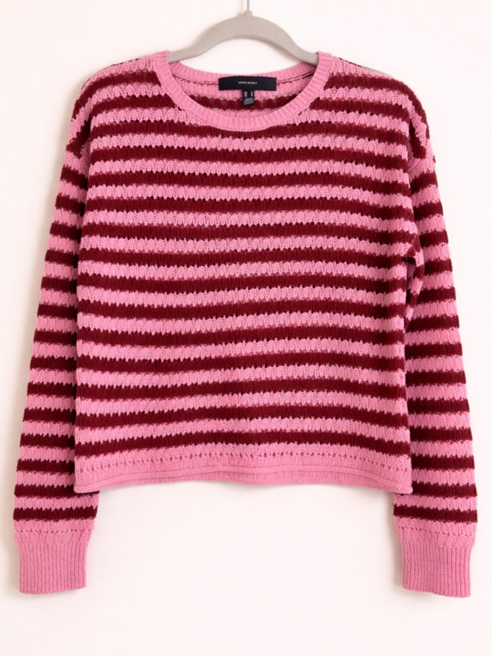 Vero Moda Pink Brown Striped Knit Sweater Lightweight Crewneck Size M